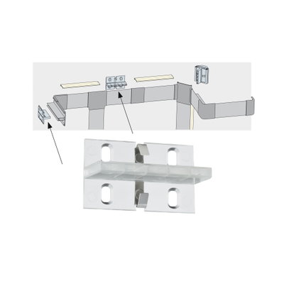 Transparent plastic bracket with metal clips for mounting LED strips in corners.
