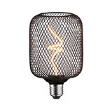 LED bulb with black metal mesh and decorative warm white filament for stylish lighting solutions