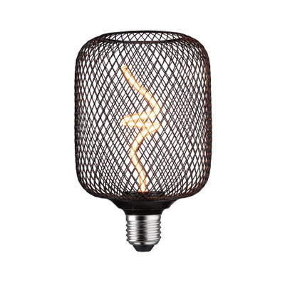 LED bulb with black metal mesh and decorative warm white filament for stylish lighting solutions
