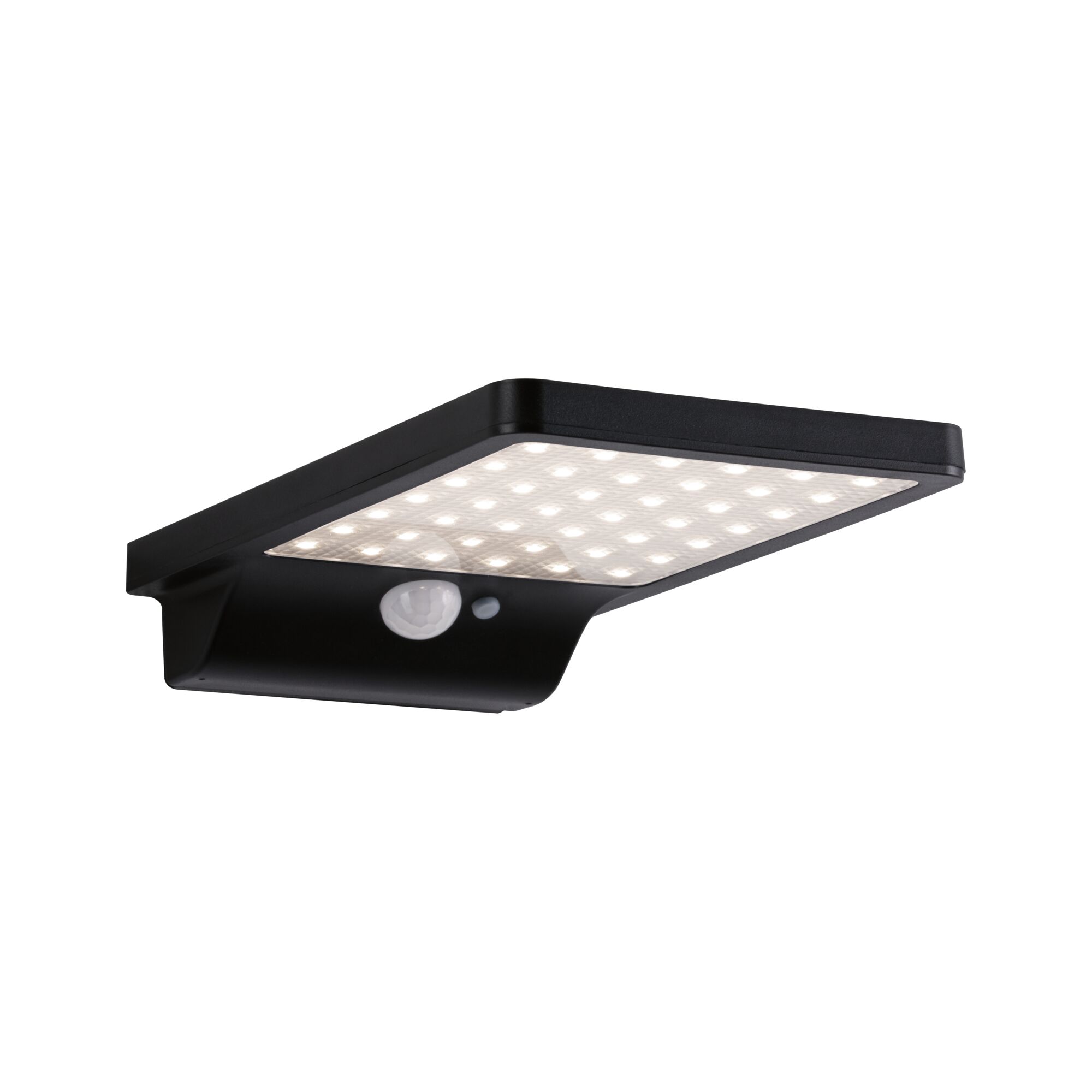 Black LED outdoor wall light with motion sensor and square panel for garden lighting