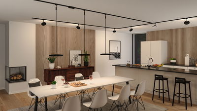 Modern dining room with white table, black chairs, and minimalist black track lighting system.