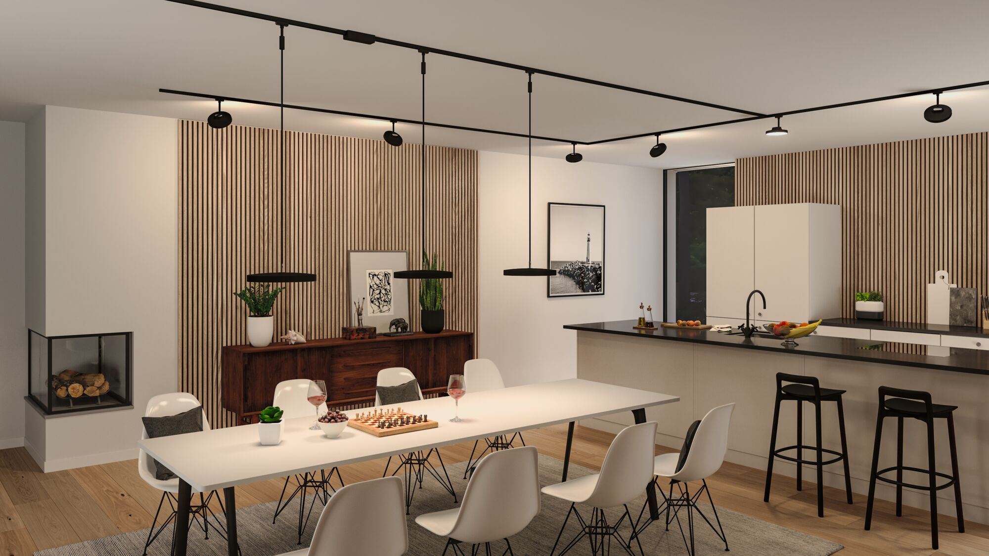 Modernes Esszimmer mit weißem Tisch, schwarzen Stühlen und minimalistischer schwarzer Schienenbeleuchtung.