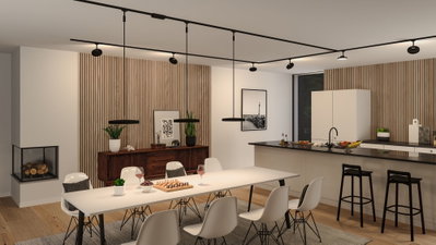 Modernes Esszimmer mit weißem Tisch, schwarzen Stühlen und minimalistischer schwarzer Schienenbeleuchtung.