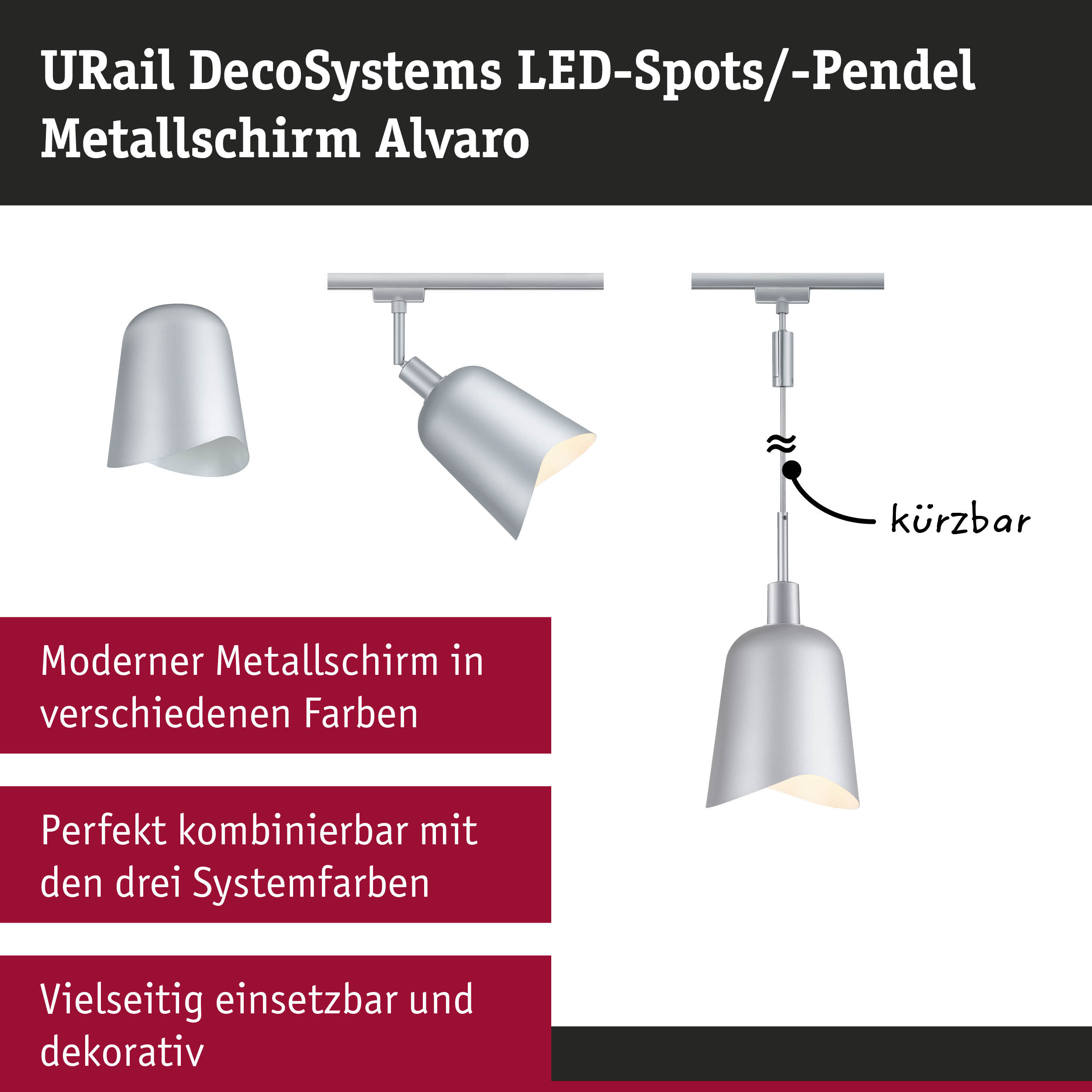 Moderner Metallschirm Alvaro in Silber für URail LED-Spots und Pendelleuchten, kürzbar und vielseitig.
