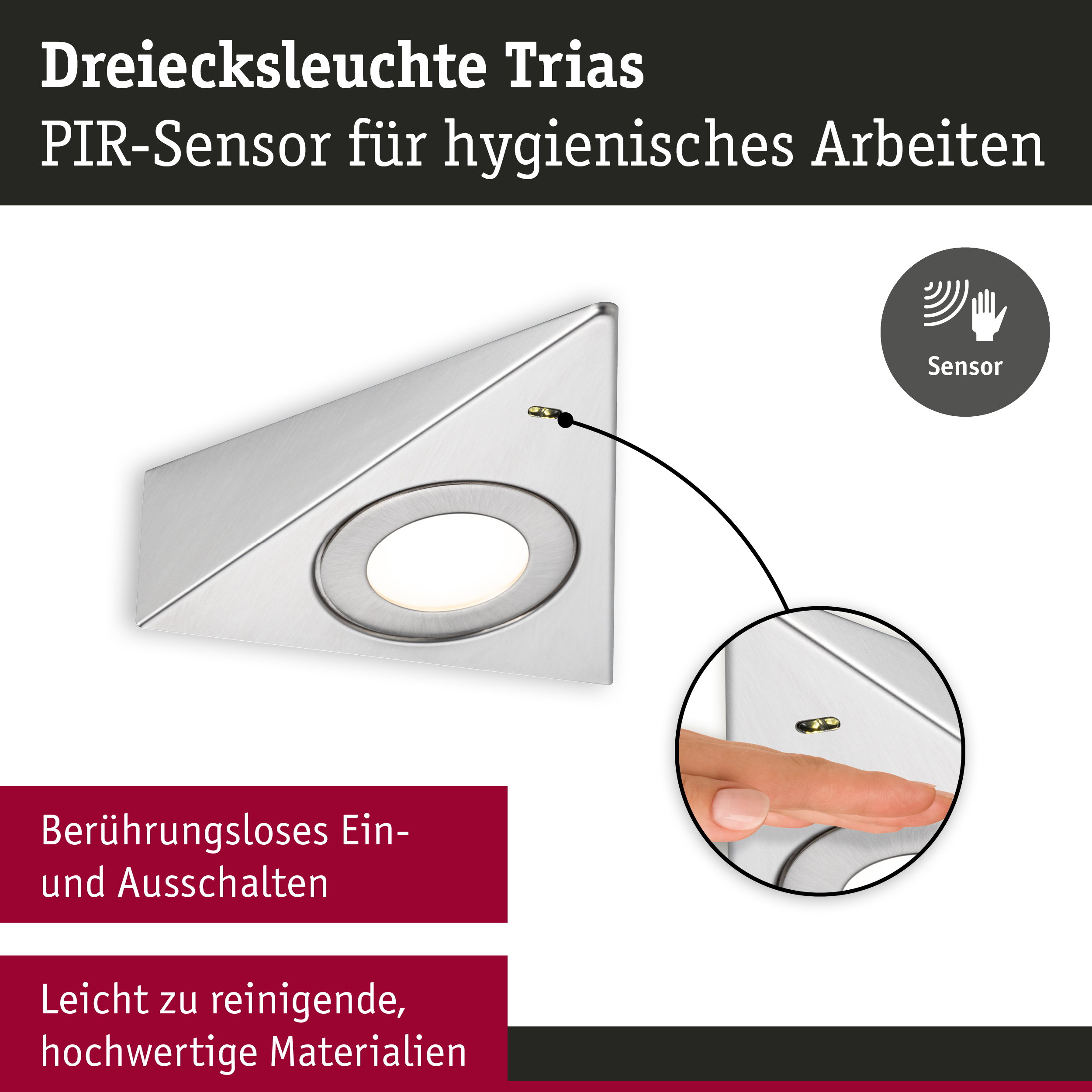 Dreieckige Edelstahl-Einbauleuchte mit PIR-Sensor für berührungsloses Ein- und Ausschalten