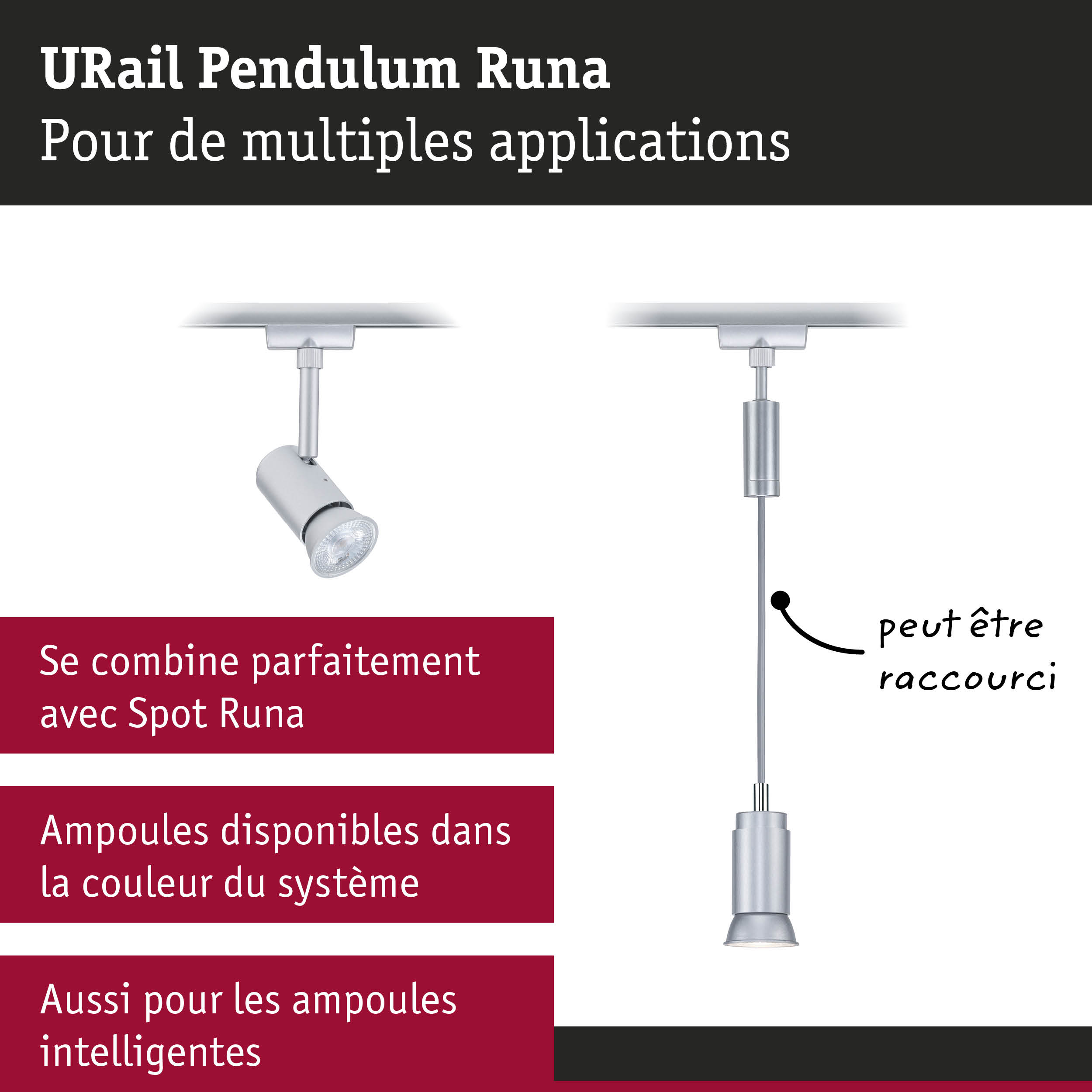 Spot de plafond URail Pendulum Runa argenté avec spot réglable pour un éclairage polyvalent