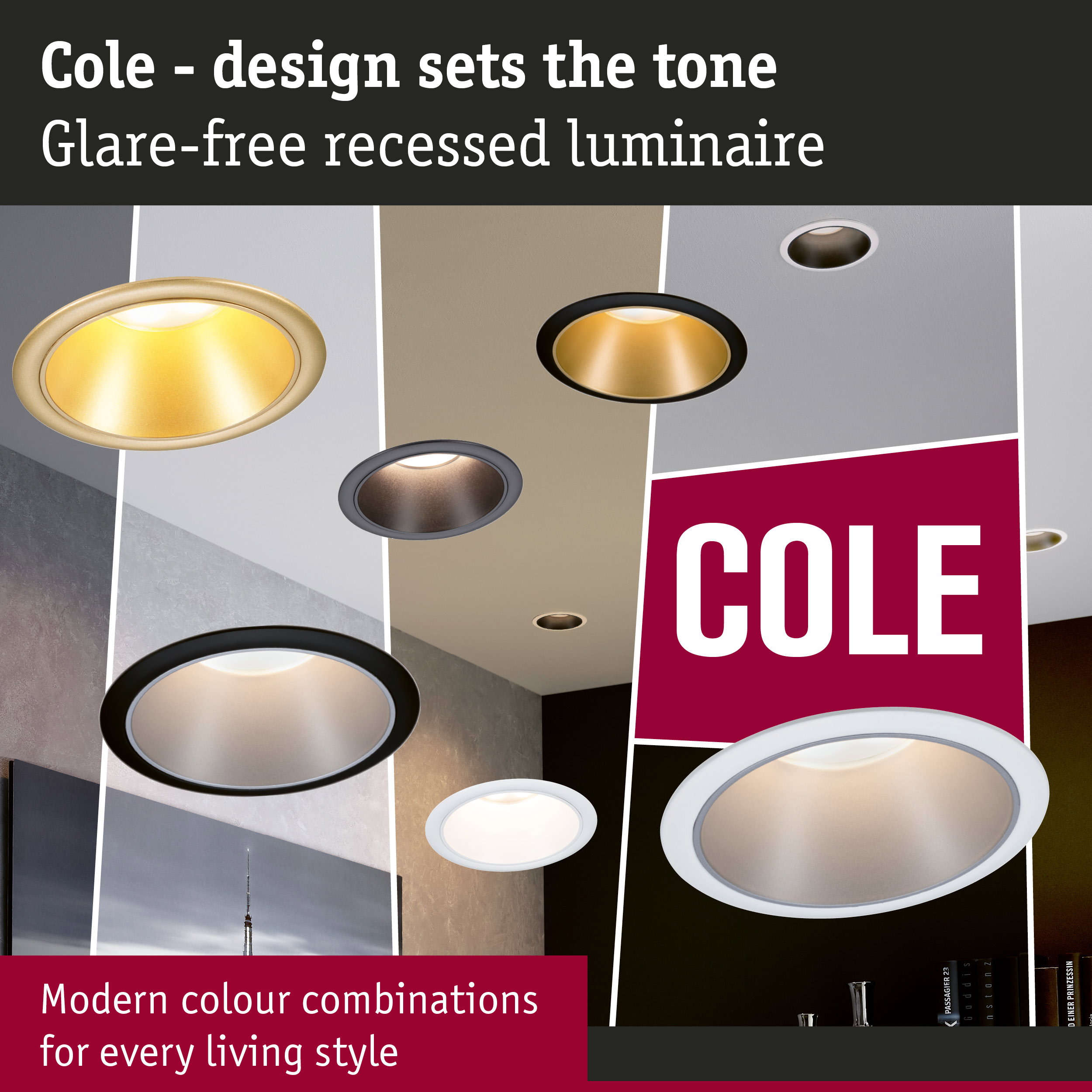 Cole recessed luminaires in modern colours with glare-free design for stylish and comfortable room lighting