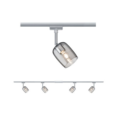 Spot sur rail à quatre lampes avec verre fumé et métal argenté pour éclairage intérieur moderne