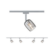 Plafonnier à quatre lampes avec abat-jours en verre fumé et structure métallique chromée