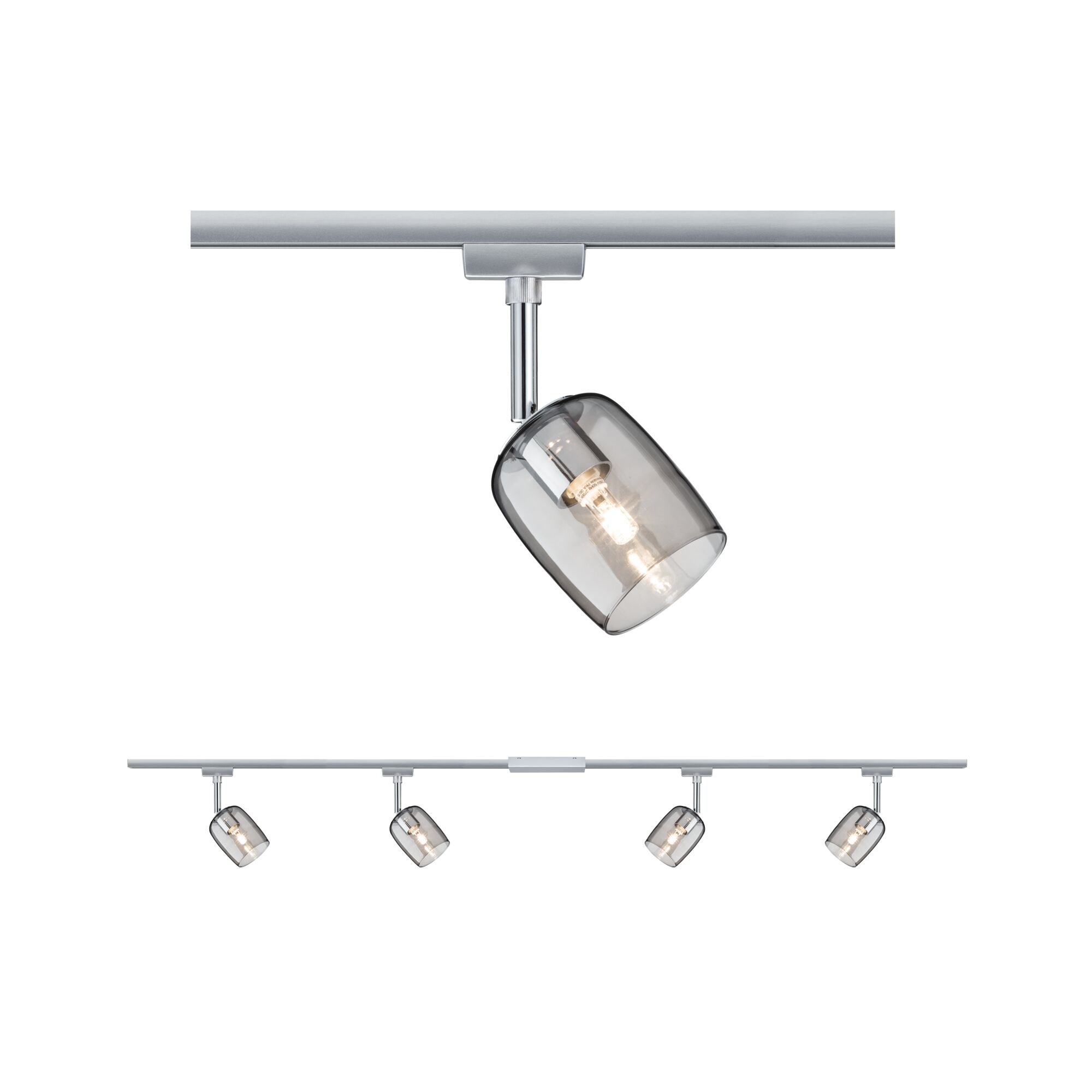 Plafonnier à quatre lampes avec abat-jours en verre fumé et structure métallique chromée