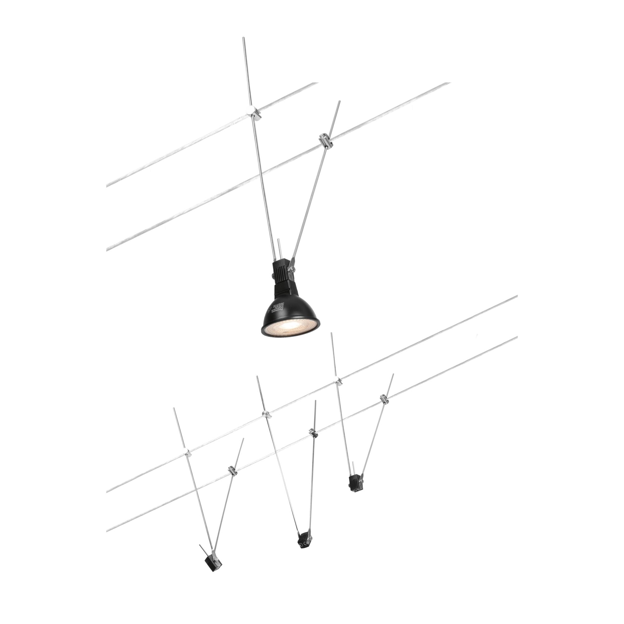 Kabelsysteem Simple Basisset GU5,3 max. 3x5W 230/12V Chroom Zwarte LED-kabelspots met metalen bevestigingen aan dunne stalen kabels voor flexibele verlichting