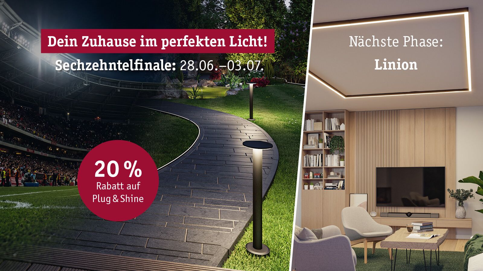 Außenweg mit schwarzen Plug & Shine LED-Leuchten und modernes Wohnzimmer mit Linion Deckenlicht in Holzoptik