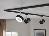 Black metal LED ceiling track with three adjustable spotlights for modern room lighting