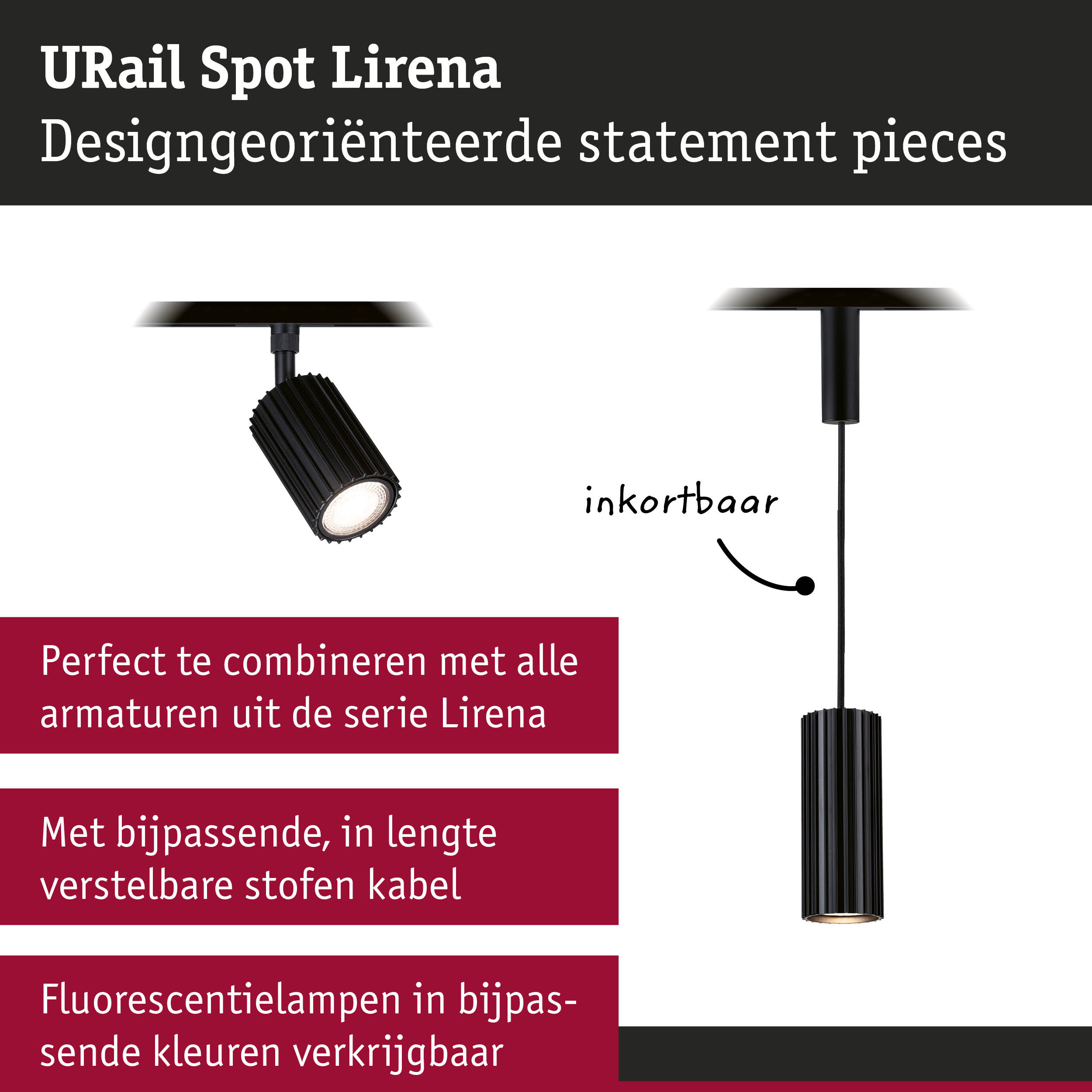 Zwarte URail Spot Lirena van metaal met verstelbare stoffen kabel voor flexibele verlichting