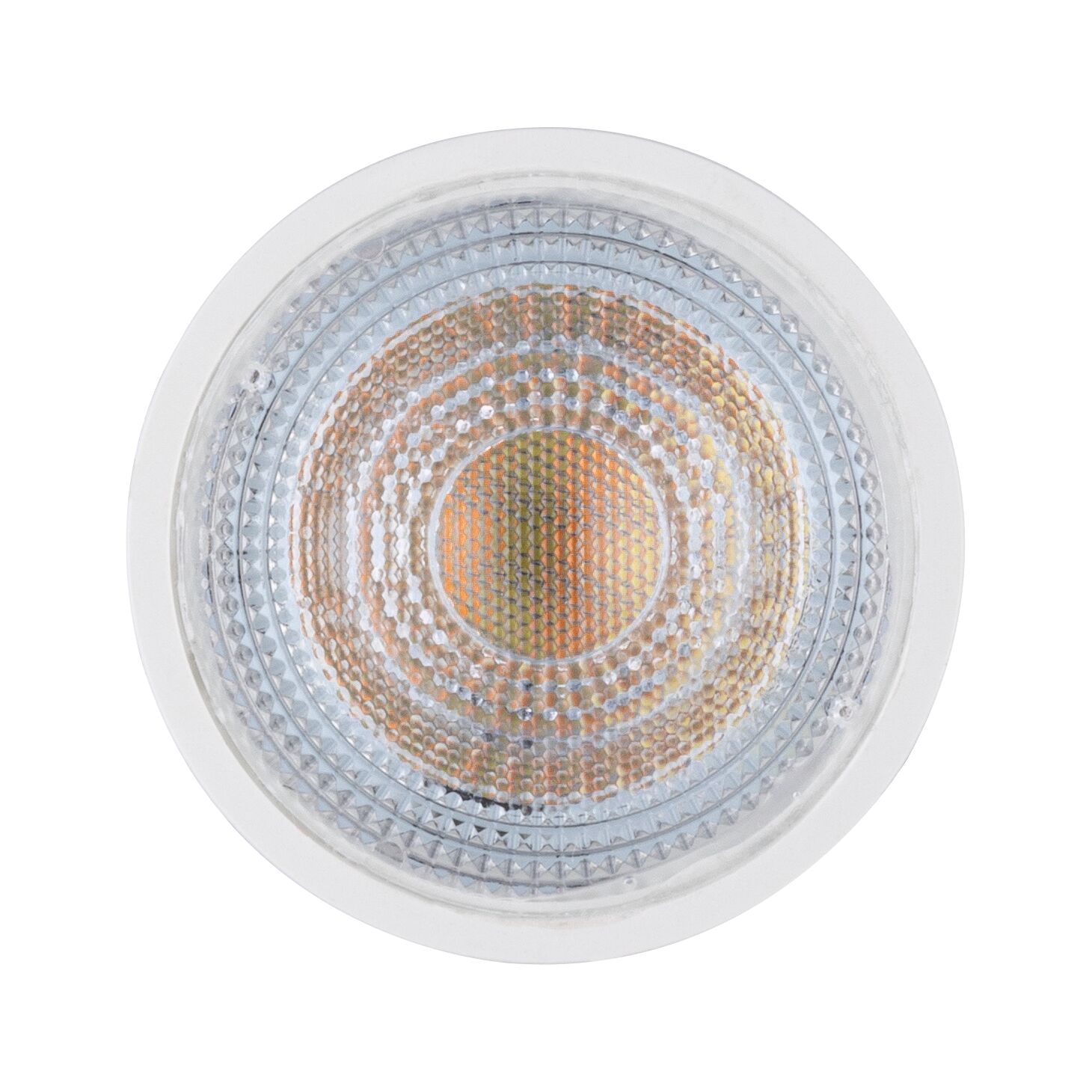 Round spotlight with clear glass and orange LED bulb for energy-efficient lighting solutions