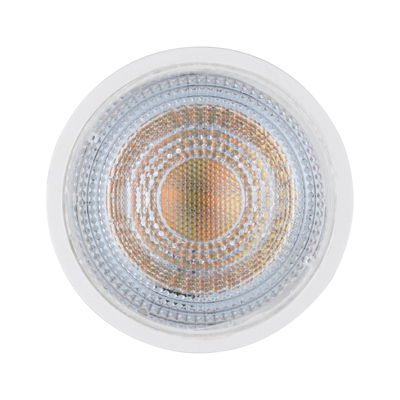 Round spotlight with clear glass and orange LED bulb for energy-efficient lighting solutions