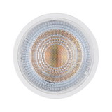 Round spotlight with clear glass and orange LED bulb for energy-efficient lighting solutions