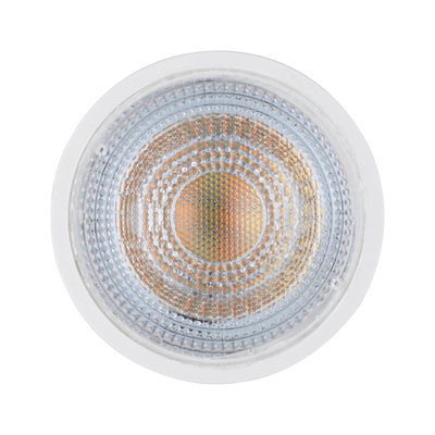 Round spotlight with clear glass and orange LED bulb for energy-efficient lighting solutions