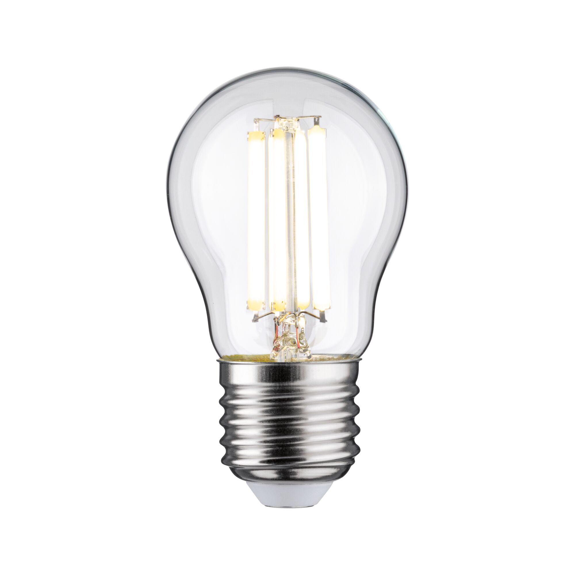 Klassische LED-Glühbirne mit transparentem Glas und silbernem Metallgewinde für energiesparende Beleuchtung