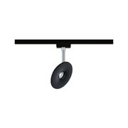 Black LED spotlight with round adjustable head on metal track lighting system
