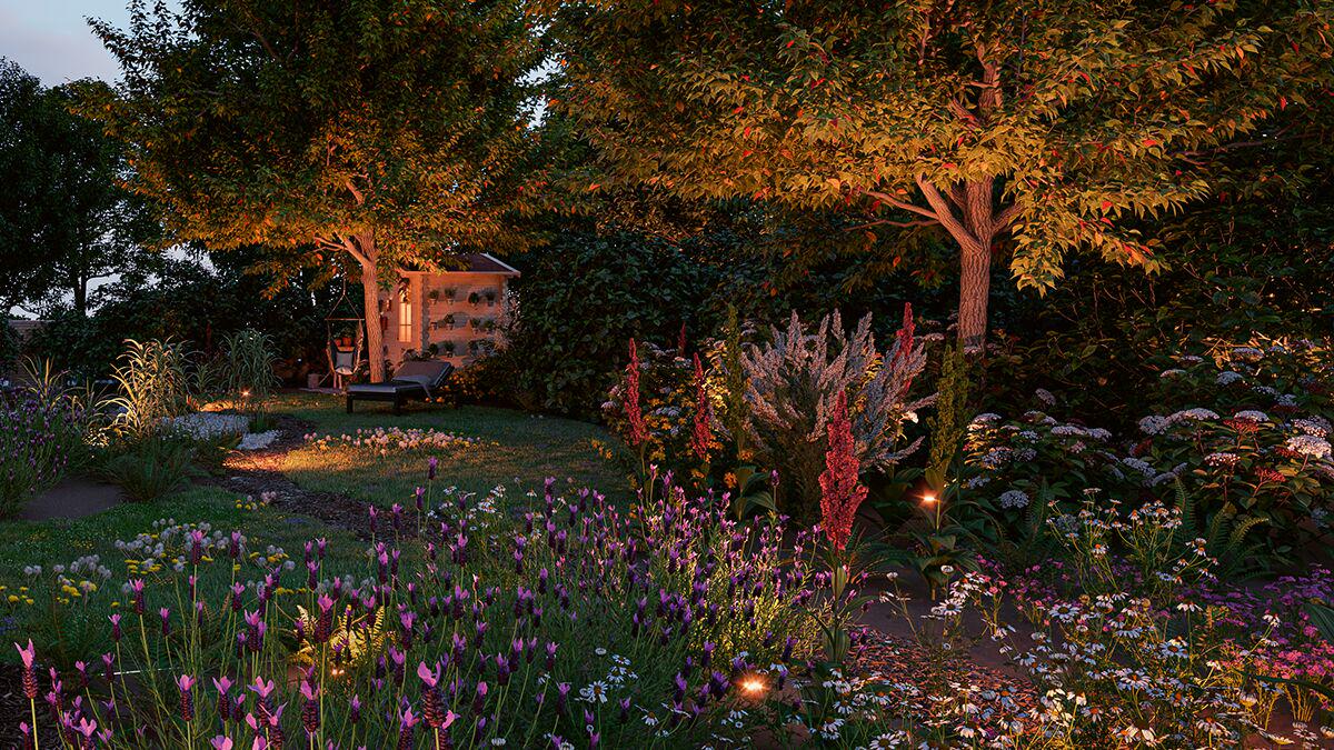 Garden with diverse flowers and trees at dusk, illuminated by eco-friendly LED garden lighting for outdoor use.