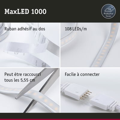 Bande LED MaxLED 1000 avec ruban adhésif, 108 LEDs/m, peut être raccourcie et facile à connecter