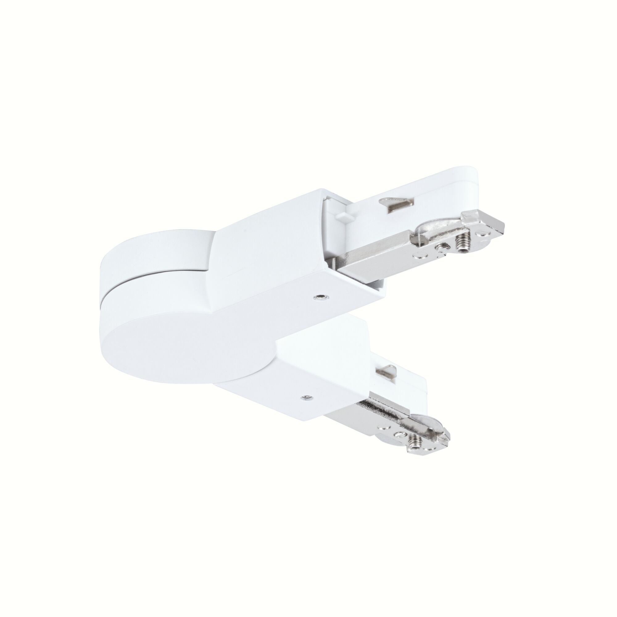 Weißer Kunststoff-Verbinder für Schienensysteme mit Metallklemmen für flexible Lichtinstallationen