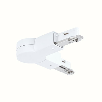 Weißer Kunststoff-Verbinder für Schienensysteme mit Metallklemmen für flexible Lichtinstallationen