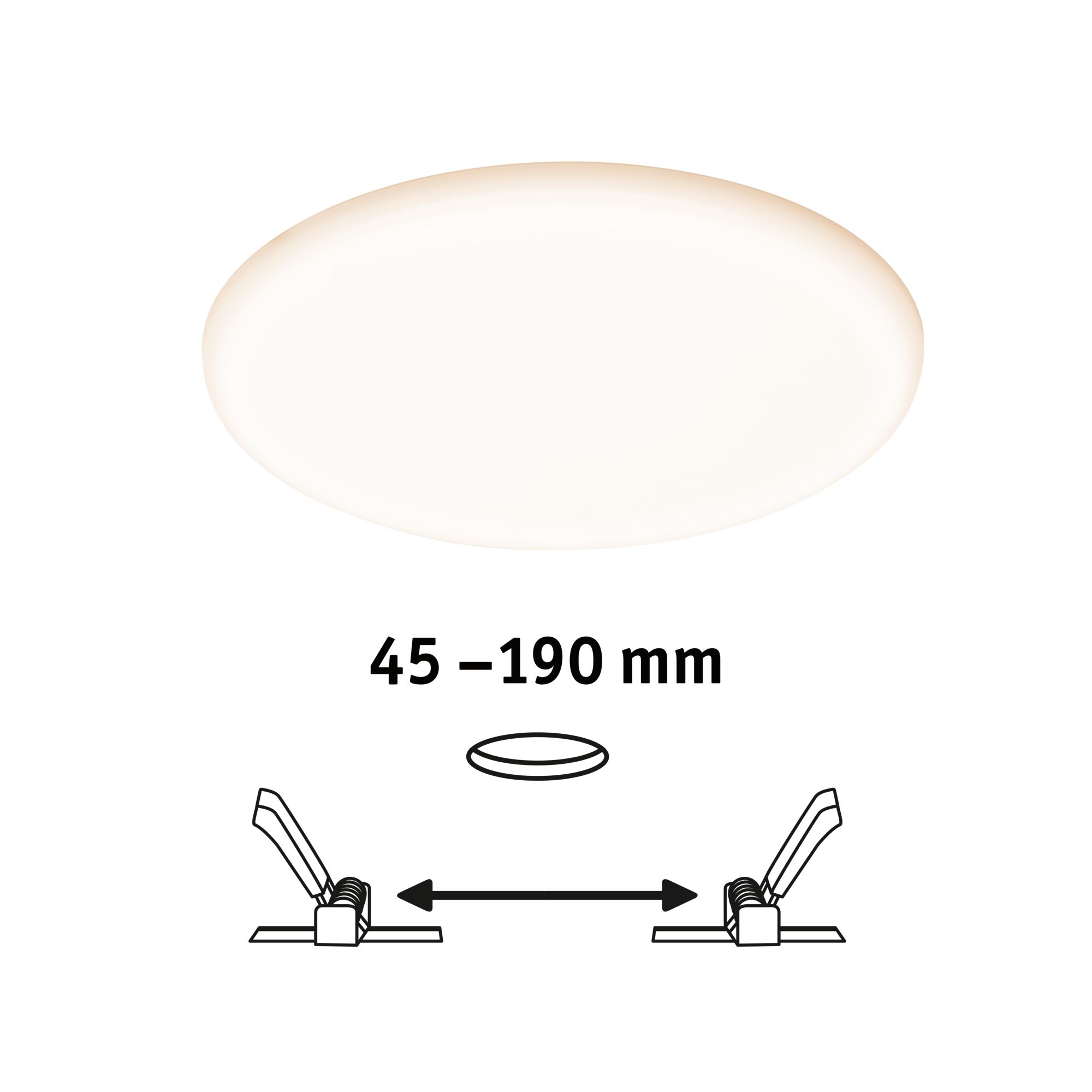Rundes LED-Deckenlicht mit weißem Kunststoffschirm und verstellbarem Einbaumaß 45-190 mm
