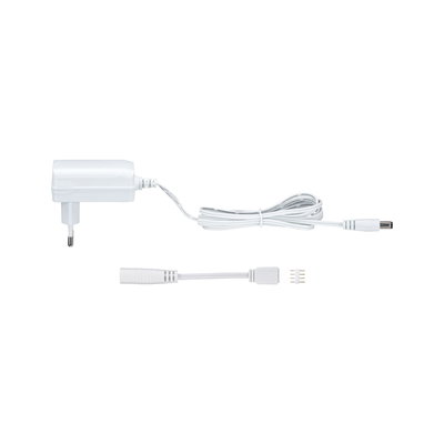Weißes Netzteil mit Kabel und Steckverbindung für LED-Beleuchtung und Elektronikgeräte