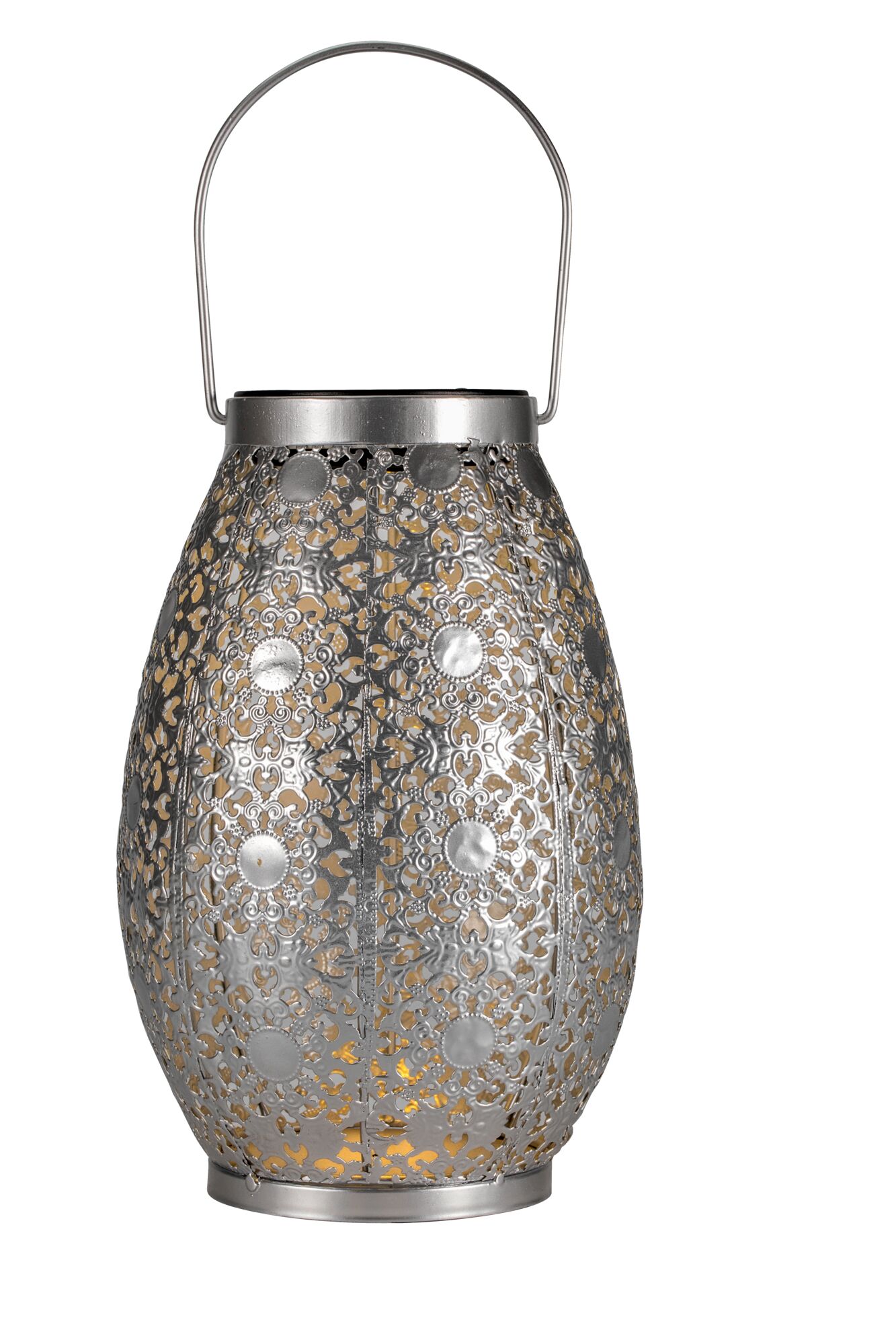 Silver metal lantern with intricate pattern and warm light for decorative ambient lighting