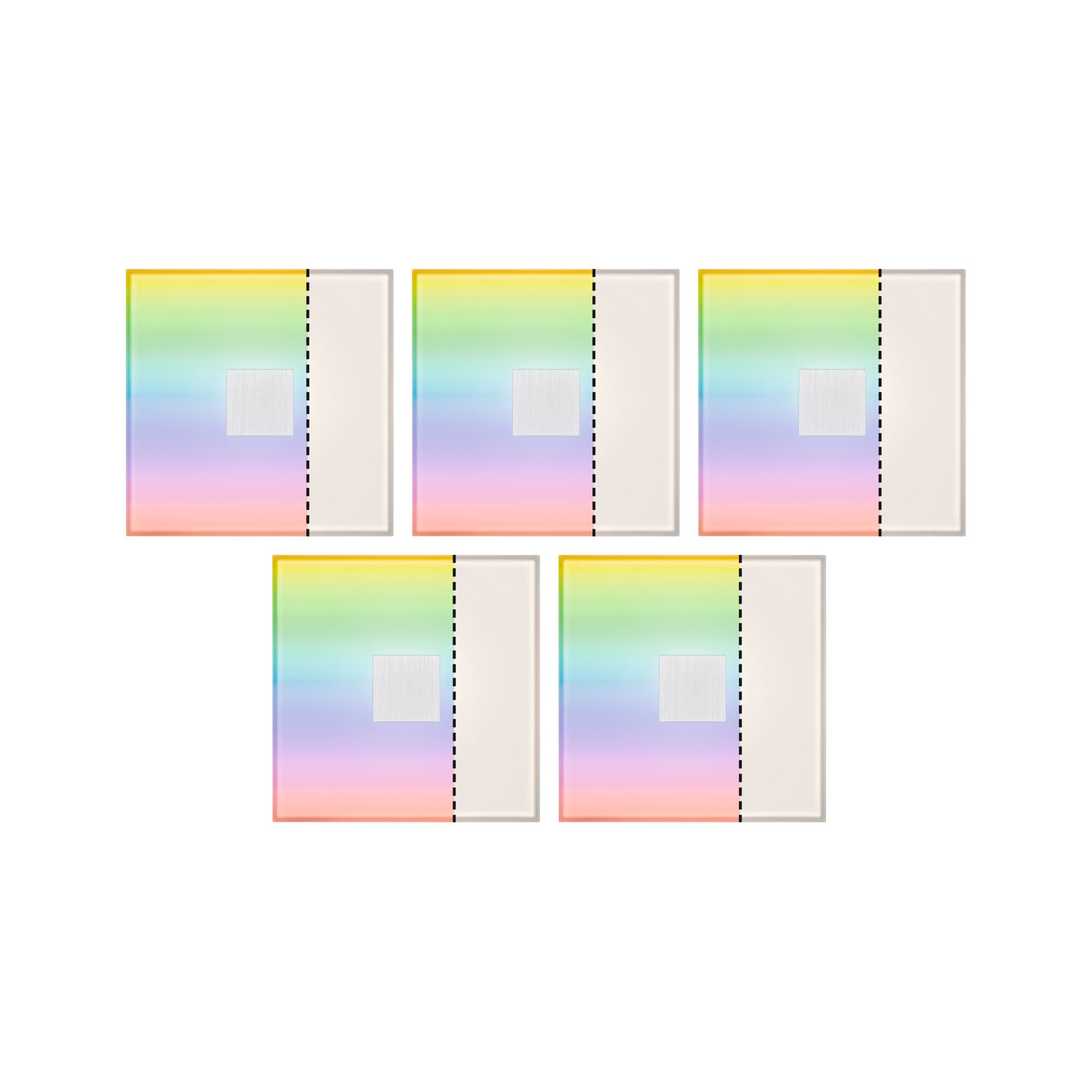 Five square color filters with rainbow gradient and white border for lighting design and effects.