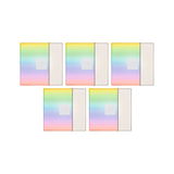 Five square color filters with rainbow gradient and white border for lighting design and effects.