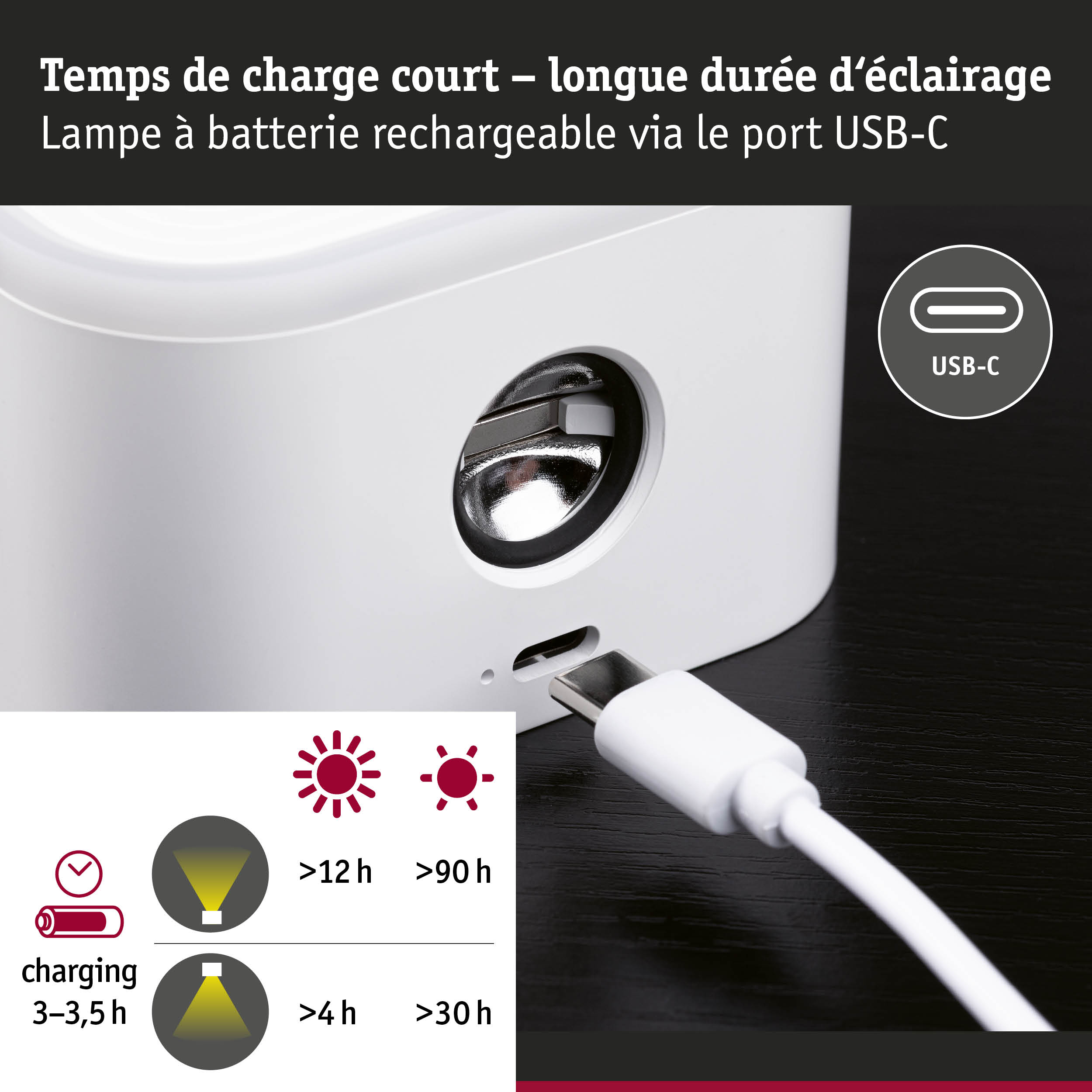 Lampe blanche rechargeable avec port USB-C pour une charge rapide et une longue autonomie