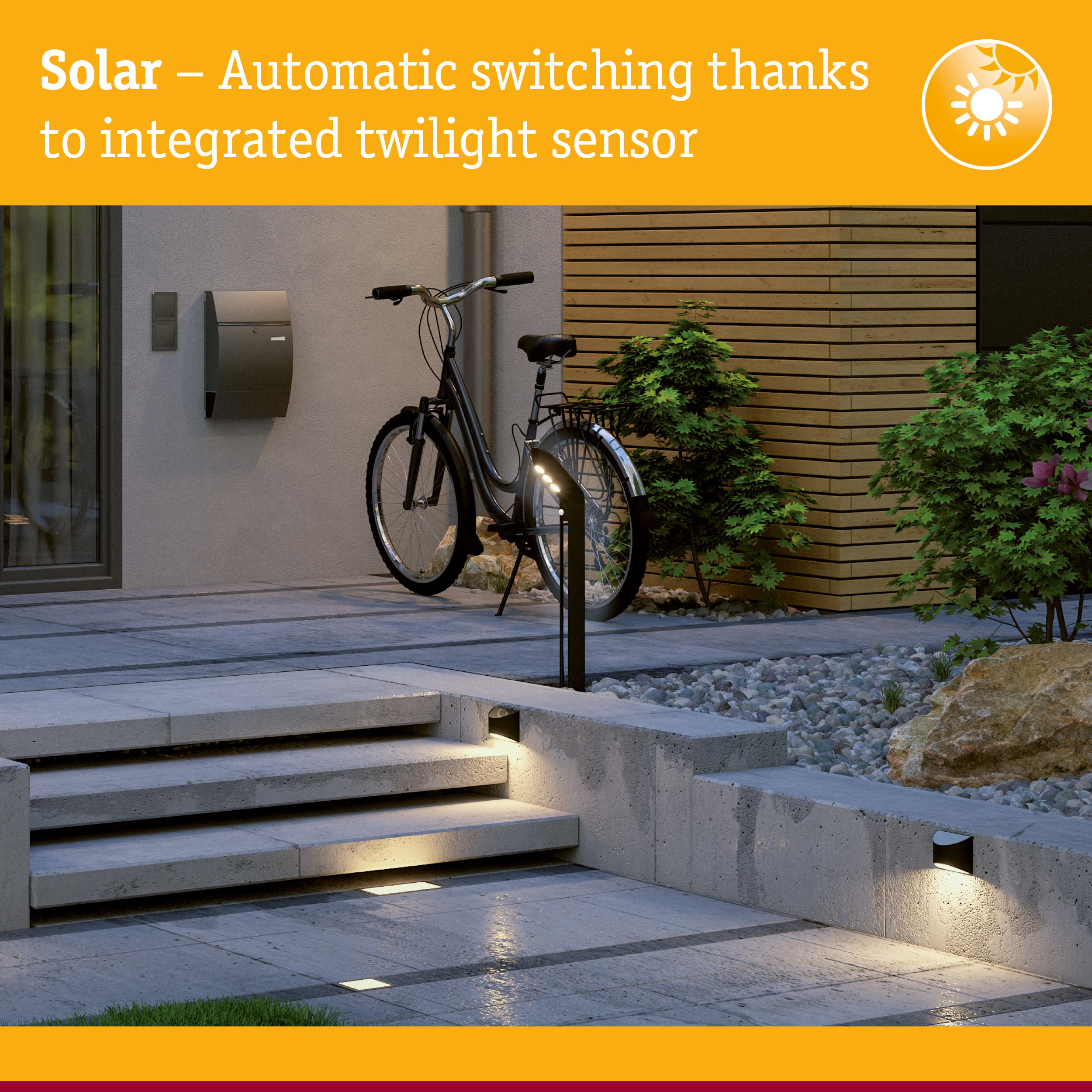 Solar outdoor light with integrated twilight sensor for automatic garden and pathway illumination