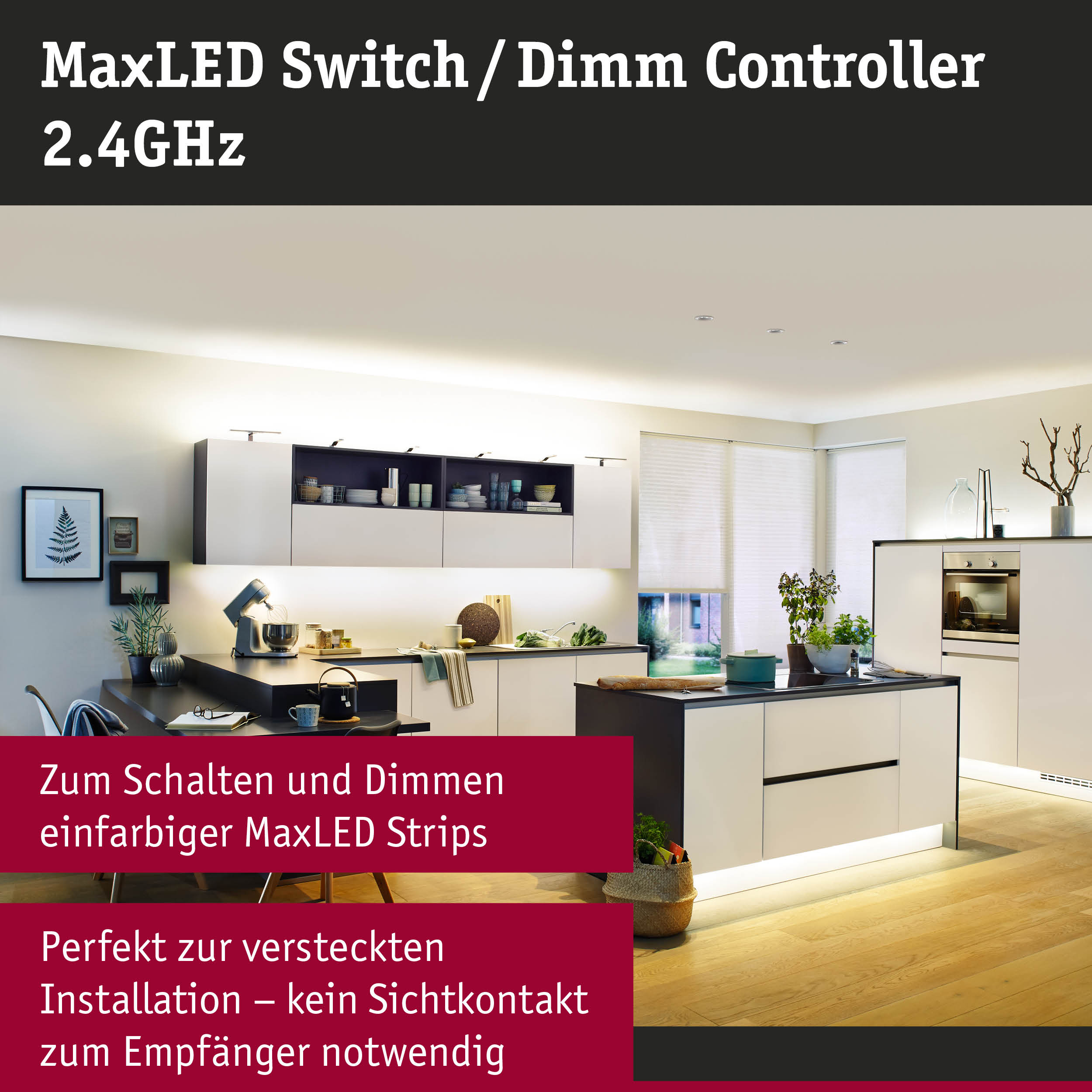Moderne weiße Küche mit indirekter LED-Beleuchtung und MaxLED Switch Dimm Controller für Lichtsteuerung