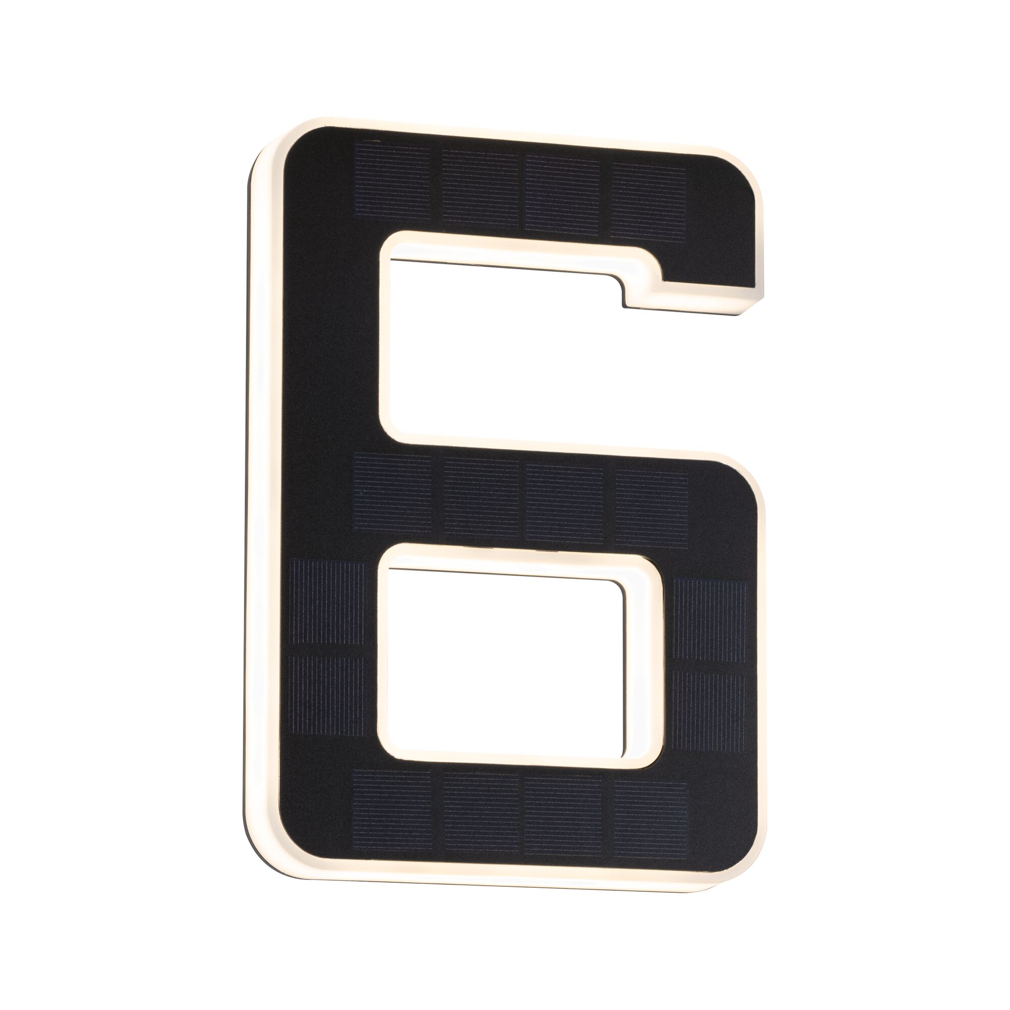 Black solar LED house number 6 with white border for energy-efficient outdoor lighting