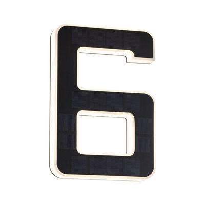 Black solar LED house number 6 with white border for energy-efficient outdoor lighting
