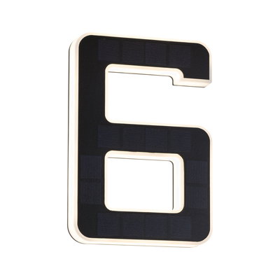 Black solar LED house number 6 with white border for energy-efficient outdoor lighting