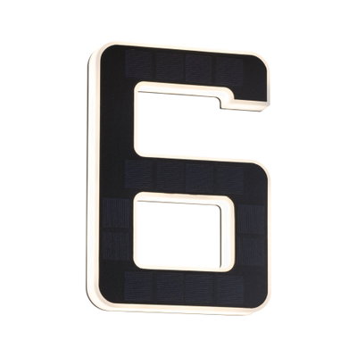 Black solar LED house number 6 with white border for energy-efficient outdoor lighting