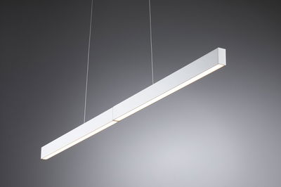Minimalist white LED pendant light in aluminium with warm white light for modern interiors