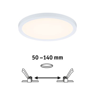 Runde weiße LED-Deckenleuchte mit einstellbarem Einbaumaß von 50 bis 140 mm für Wohnräume.
