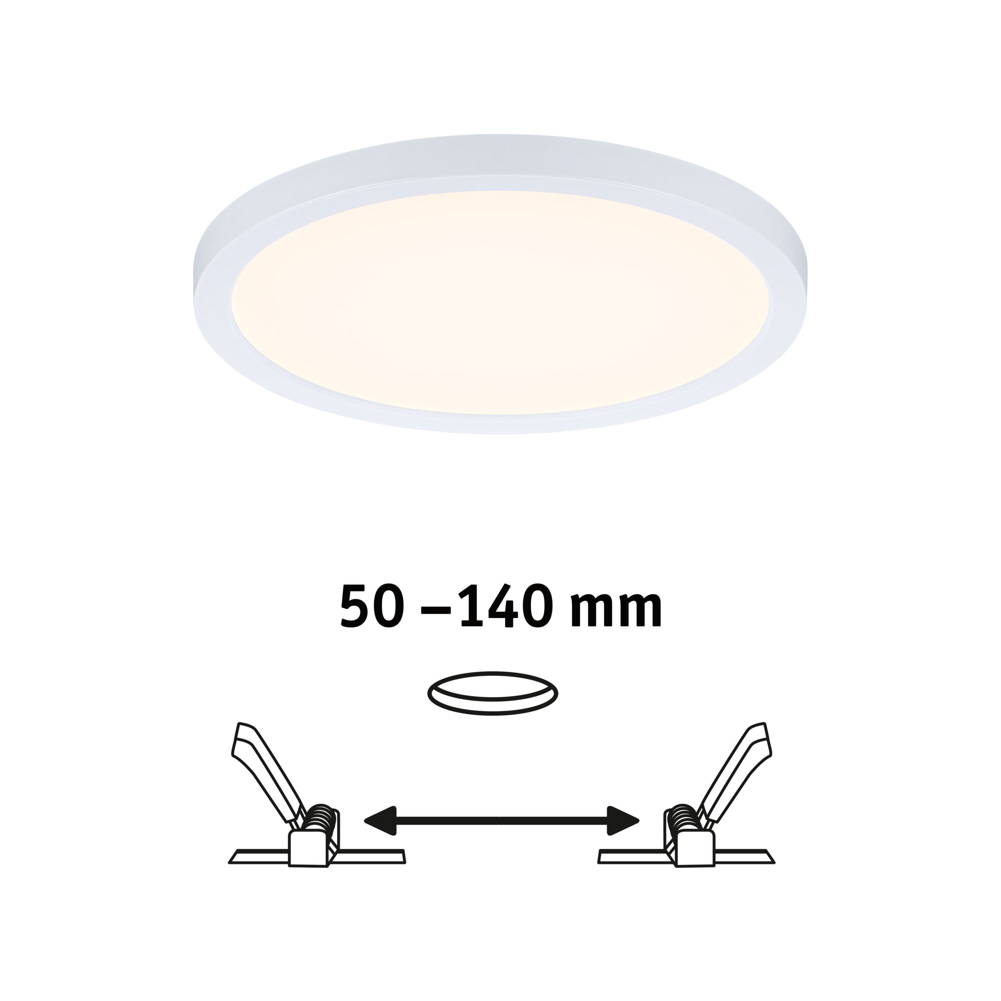 Plafonnier LED rond blanc avec taille d'installation réglable de 50 à 140 mm pour espaces de vie.
