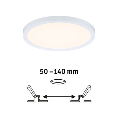 Round white LED ceiling light with adjustable installation size from 50 to 140 mm for living spaces.