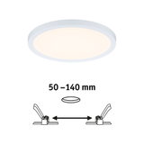 Round white LED ceiling light with adjustable installation size from 50 to 140 mm for living spaces.