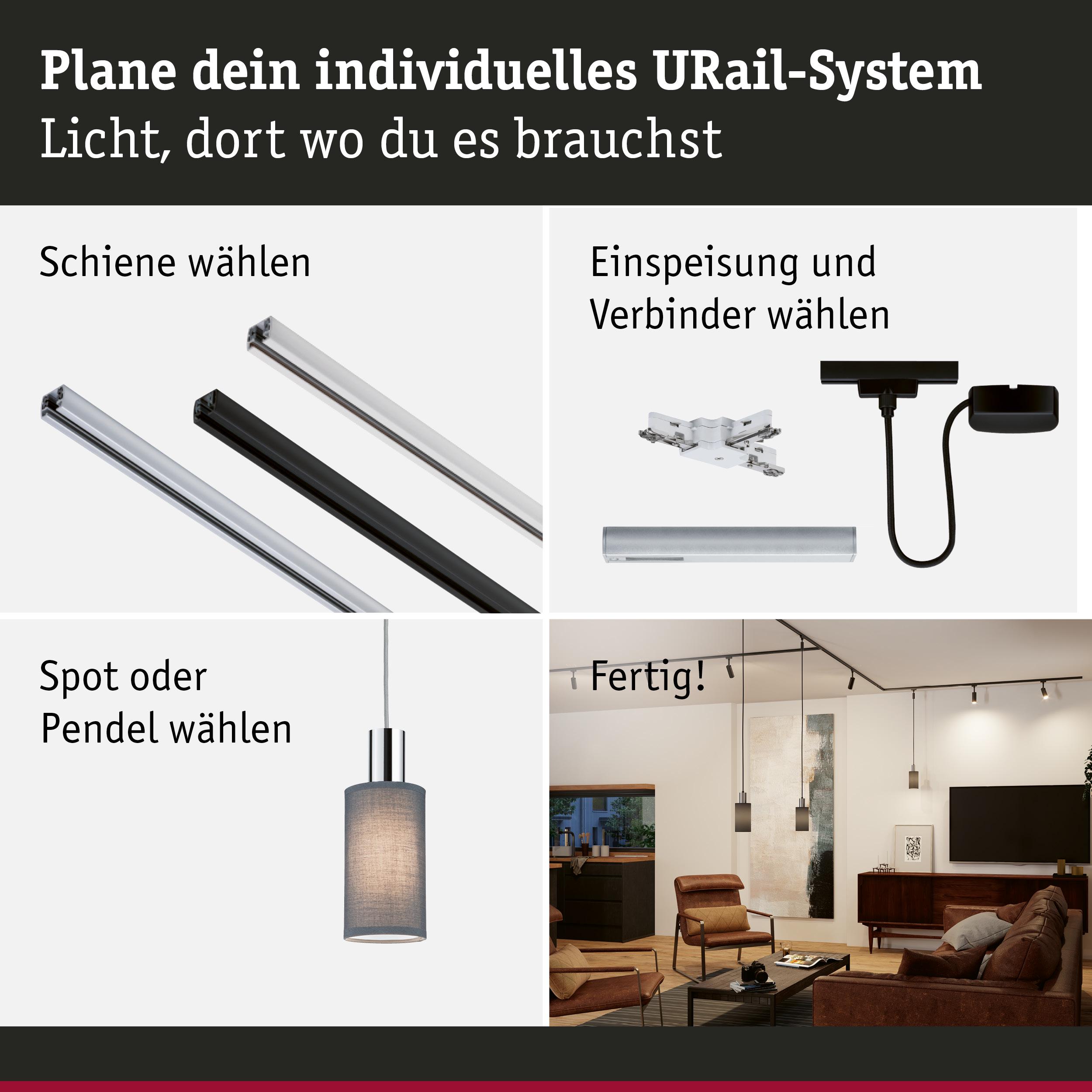 Anleitung zur Planung eines URail-Systems mit Schienen, Verbindern, Pendelleuchte und Wohnzimmerbeleuchtung