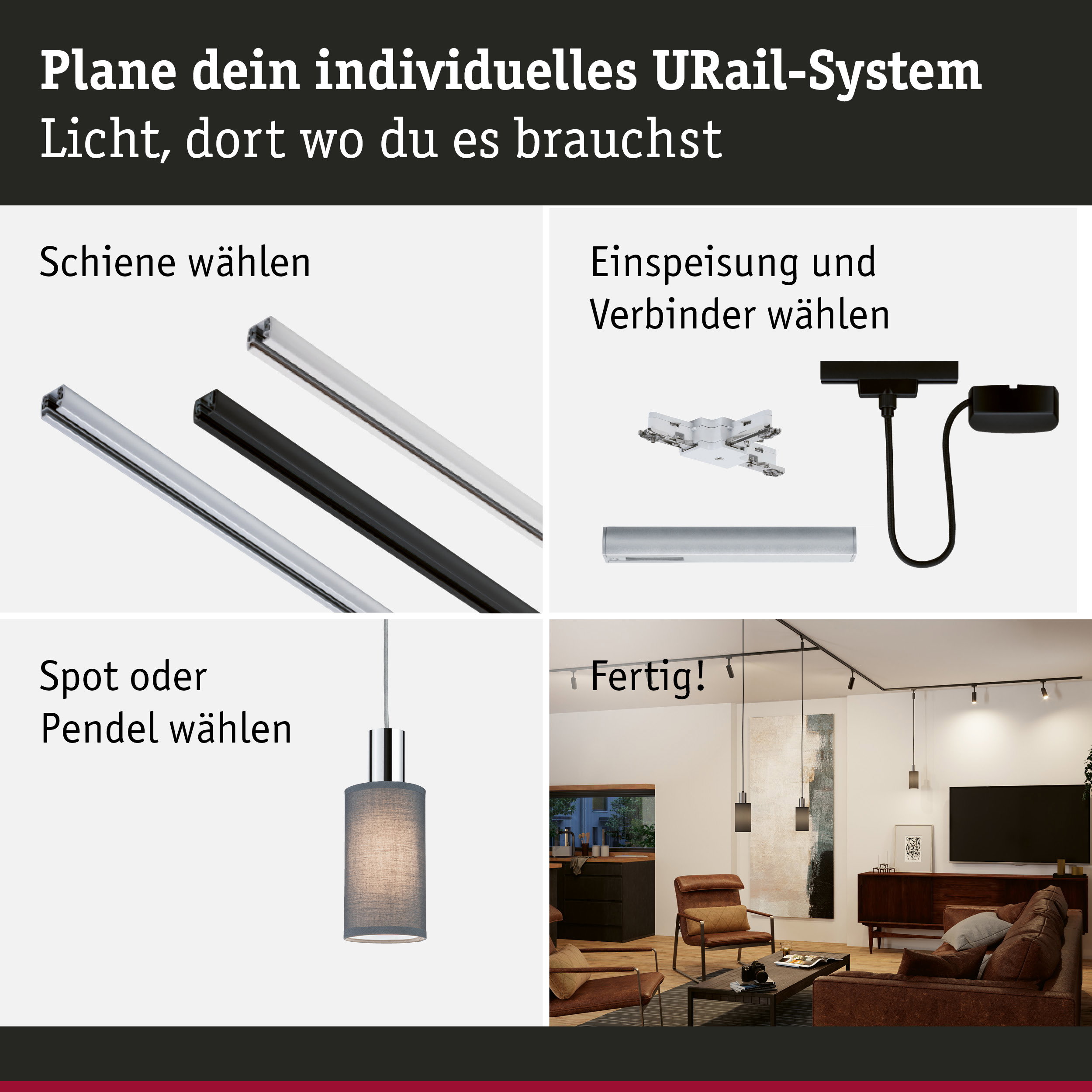 Modulares URail-Schienensystem mit Schienen, Verbindern und Pendelleuchte für individuelle Lichtgestaltung