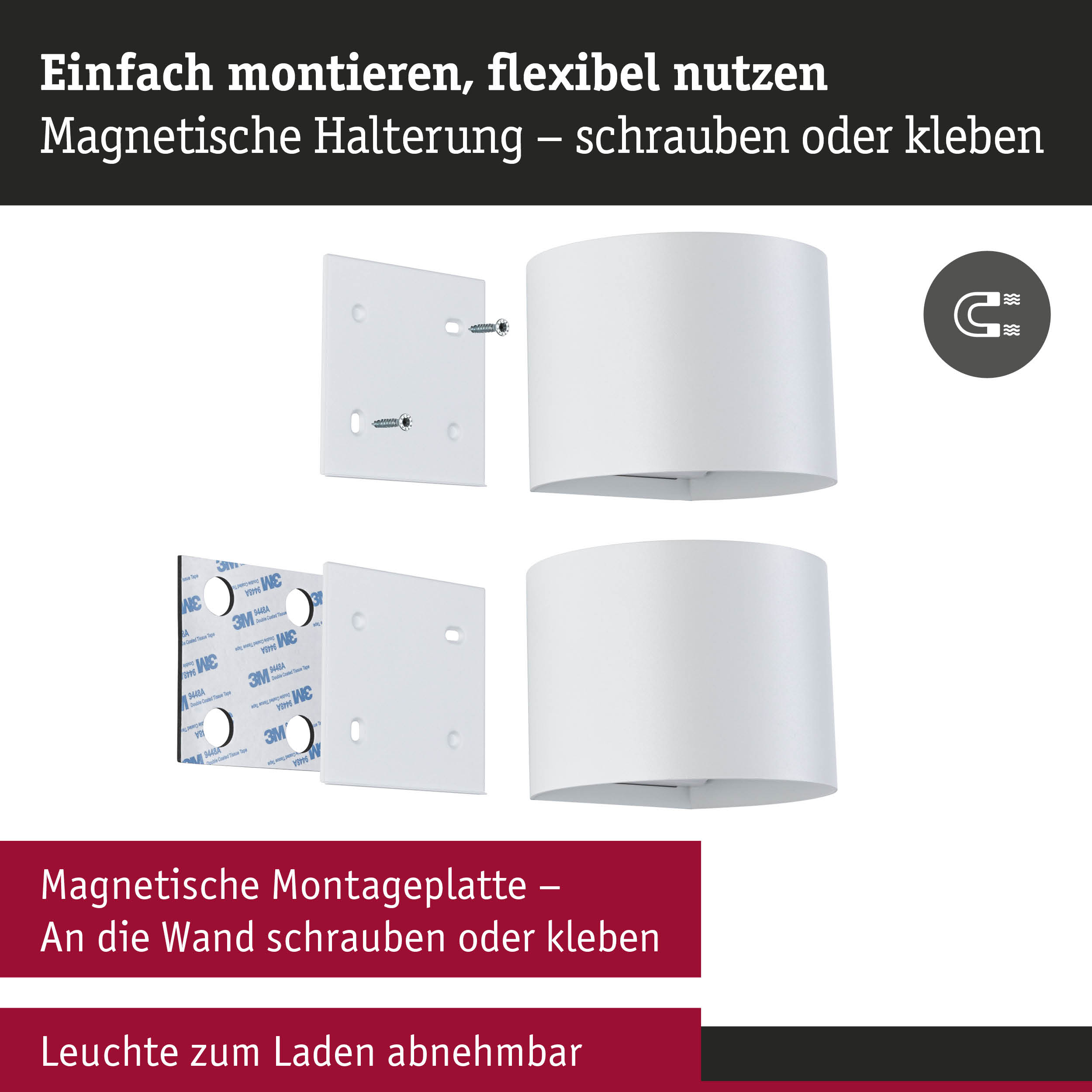 Weiße magnetische Montageplatte mit Schrauben und Klebefläche für flexible Wandbefestigung von Leuchten