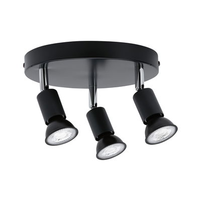 Runde Deckenleuchte mit drei schwarzen LED-Strahlern aus Metall für moderne Raumbeleuchtung