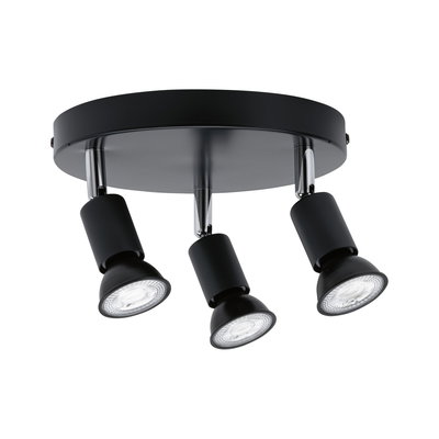Rund loftlampe med tre sorte LED-spotlights i metal til moderne belysning